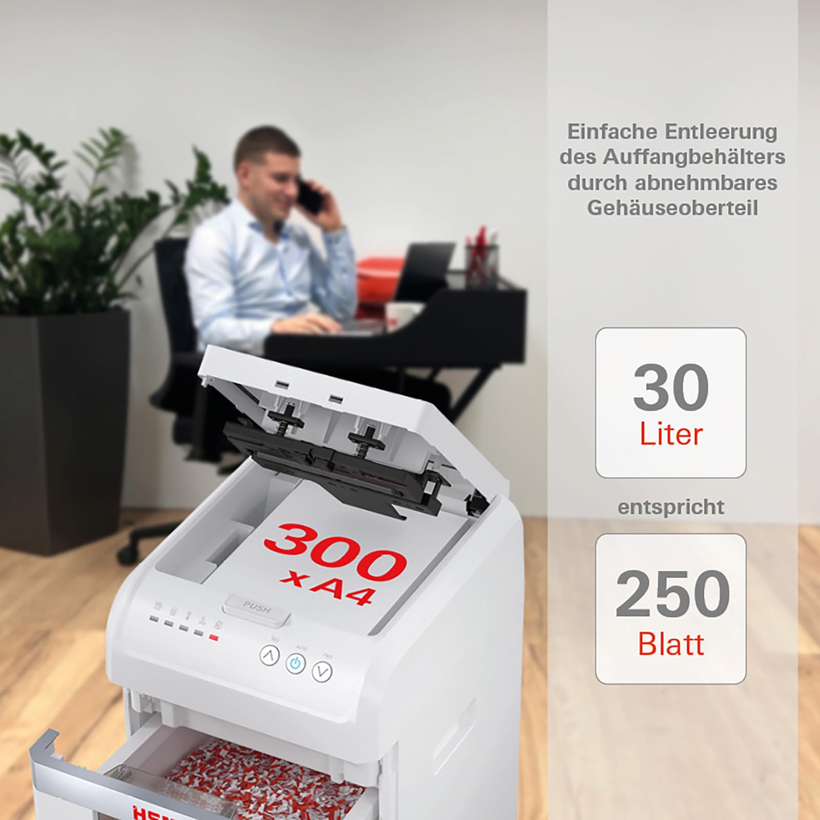 HSM shredstar Autofeed X300 - Trituradora de papel, 300 hojas, para oficina, oficina en casa, clips de papel, tarjetas de crédito, 4 x 12 mm, nivel de seguridad P4, depósito de 30 litros