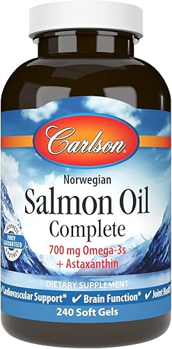 Carlson - Aceite de salmón completo, 700 mg de omega-3 + astaxantina, apoyo cardiovascular, función cerebral y salud de las articulaciones, noruego,