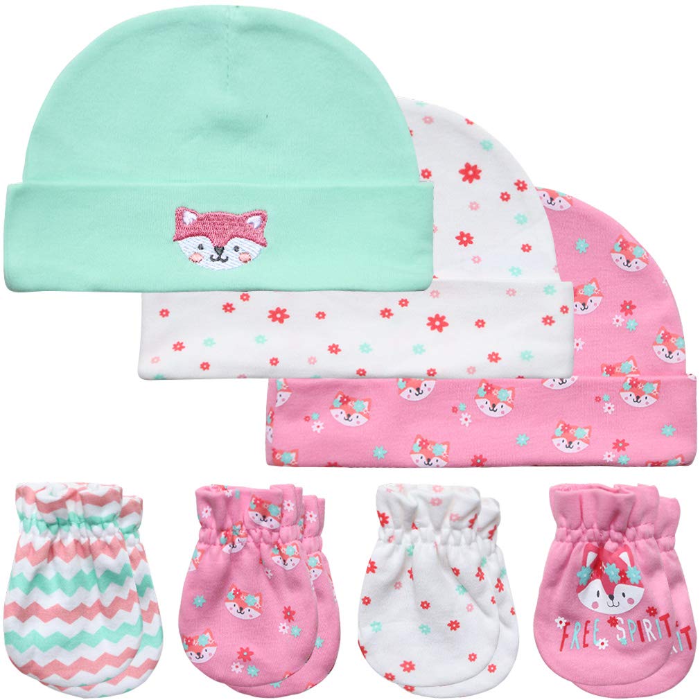 Baby Mittens Hats Set Newborn Caps Gloves and no scratch mittens for Infant,0-6 Months