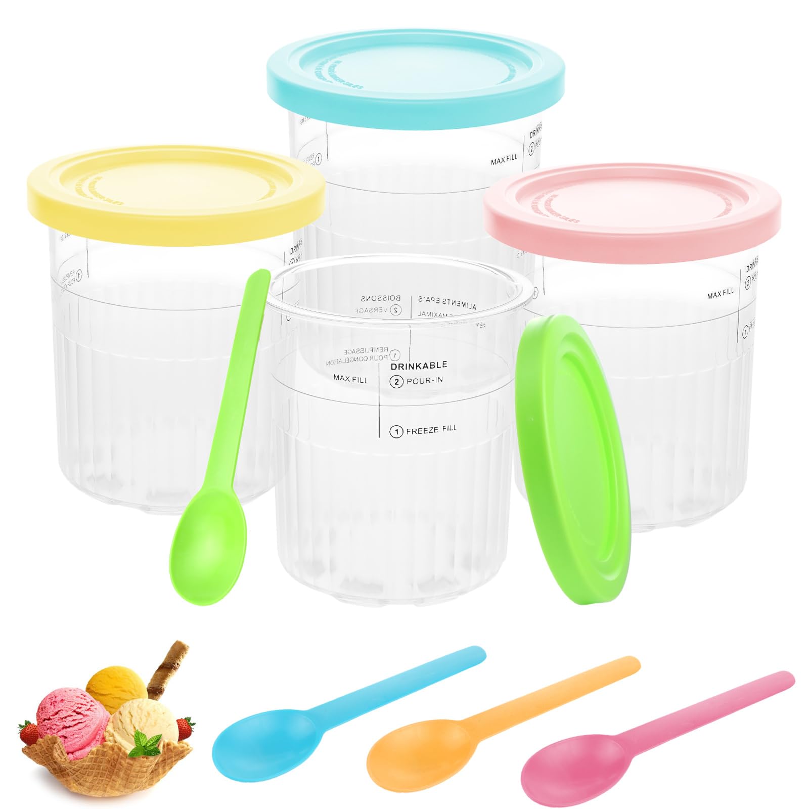 NNepfaivy Bacs à Crème Glacée pour Ninja Creami Deluxe Sorbetière, Lot de 4 Récipients de Rechange avec Couvercles Compatibles avec Machines à Glace Ninja NC501EU NC500, Sans BPA et Lave-Vaisselle