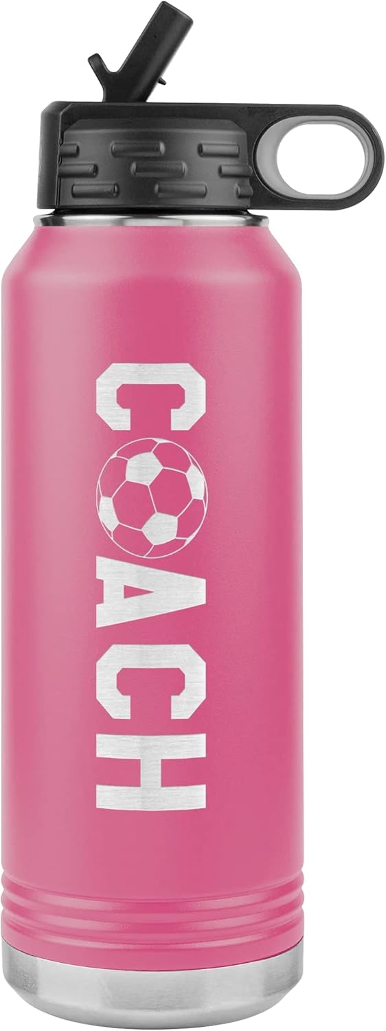 Soccer Coach Water Bottle - 32oz Insulated Engraved Stainless Steel Flip Top With Straw Soccer Coach Gift Black