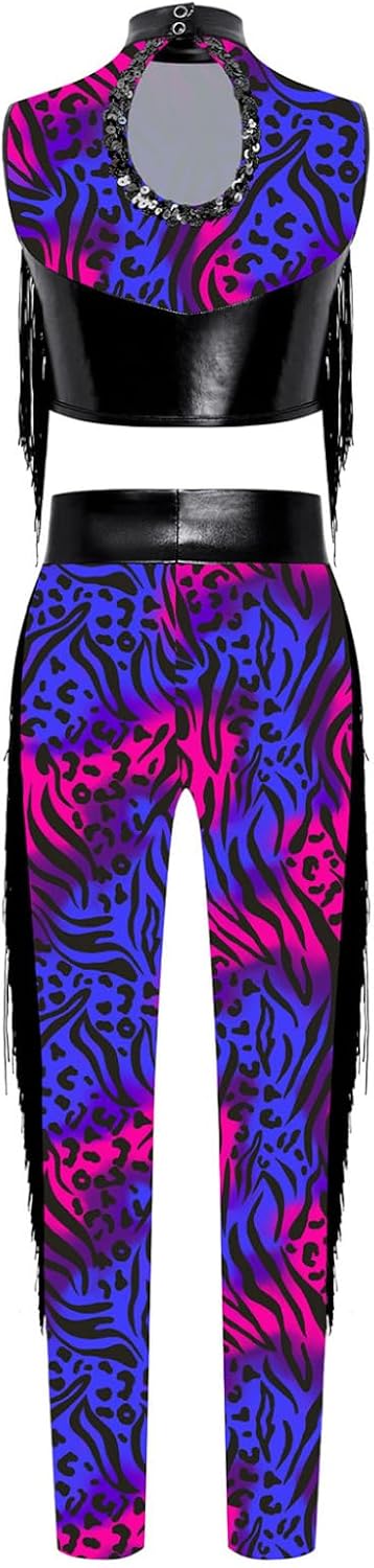 Loyan Figure Skating Outfit for Girls Tassel Latin Dance Costume Crop Top with Sports Leggings Yoga Activewear Set