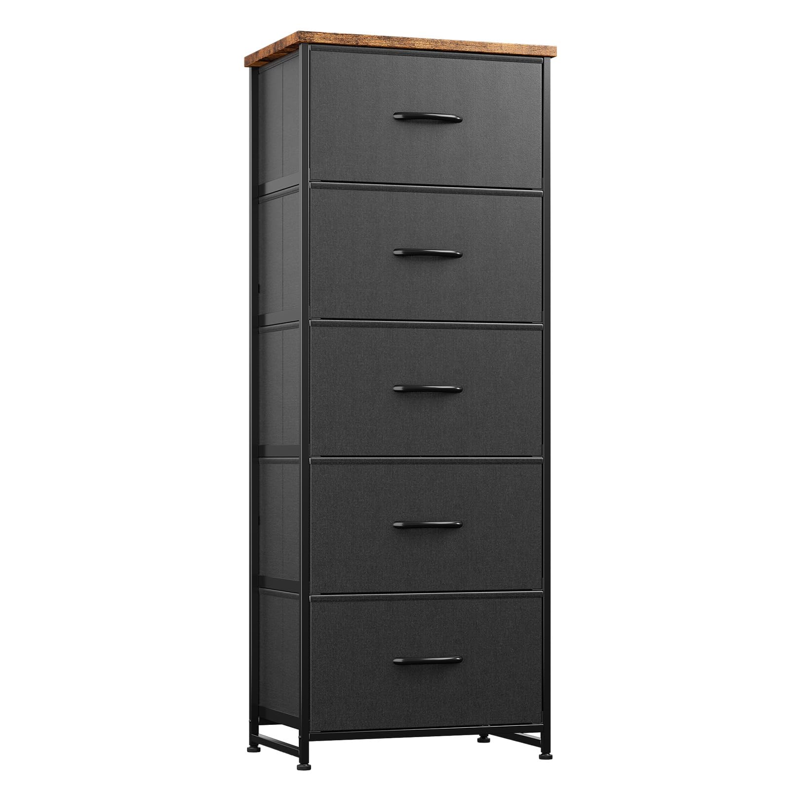 Nicehill Chest of Drawers for Bedroom, 5-Drawer Tall Dresser with Wood Top and Sturdy Steel Frame, Fabric Storage Drawers for Closet, Hallway & Living Room, Black