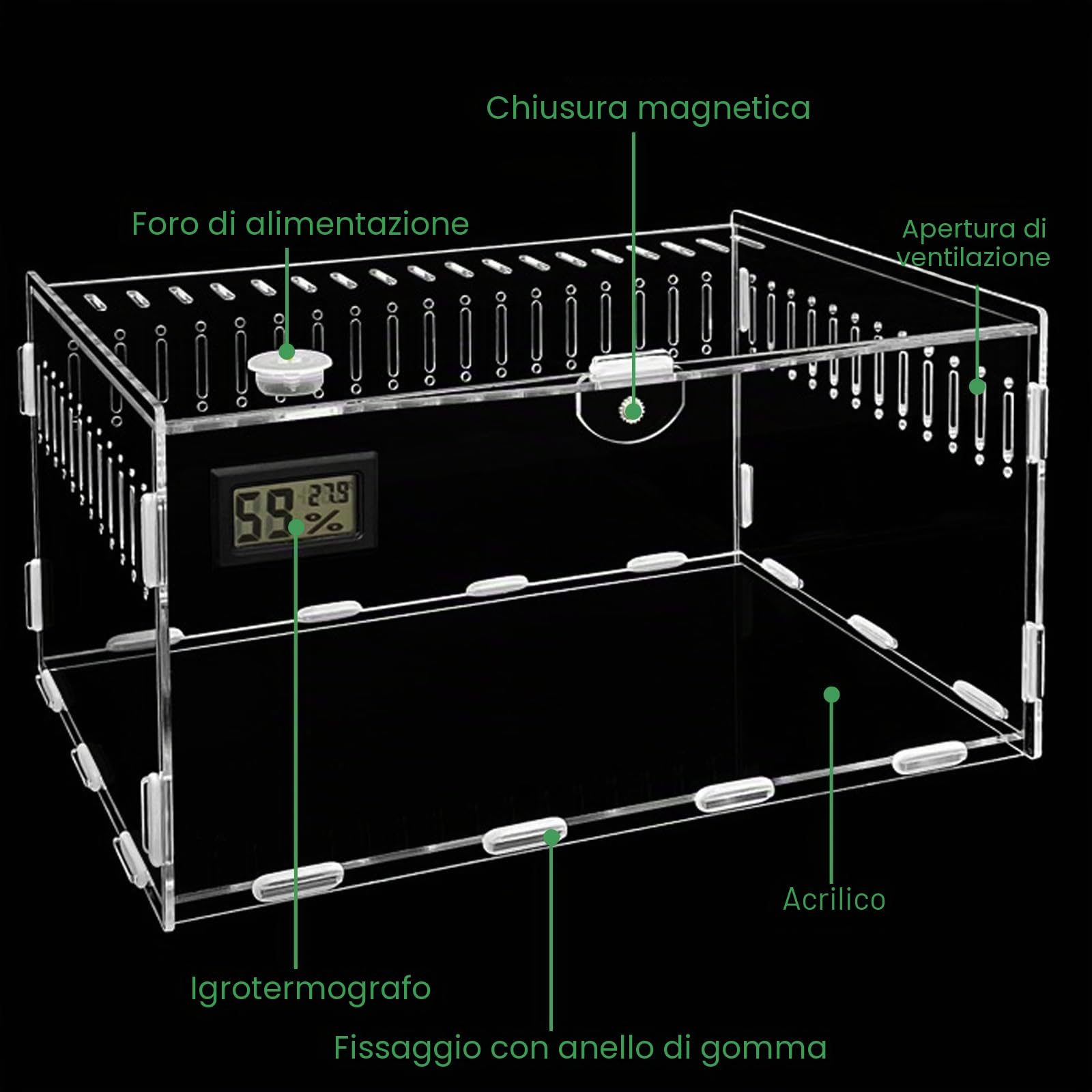 Terrario in acrilico: scatola di alimentazione per rettili, 30 x 20 x 15 cm, trasparente, mini terrario per lumache, ragni e rettili