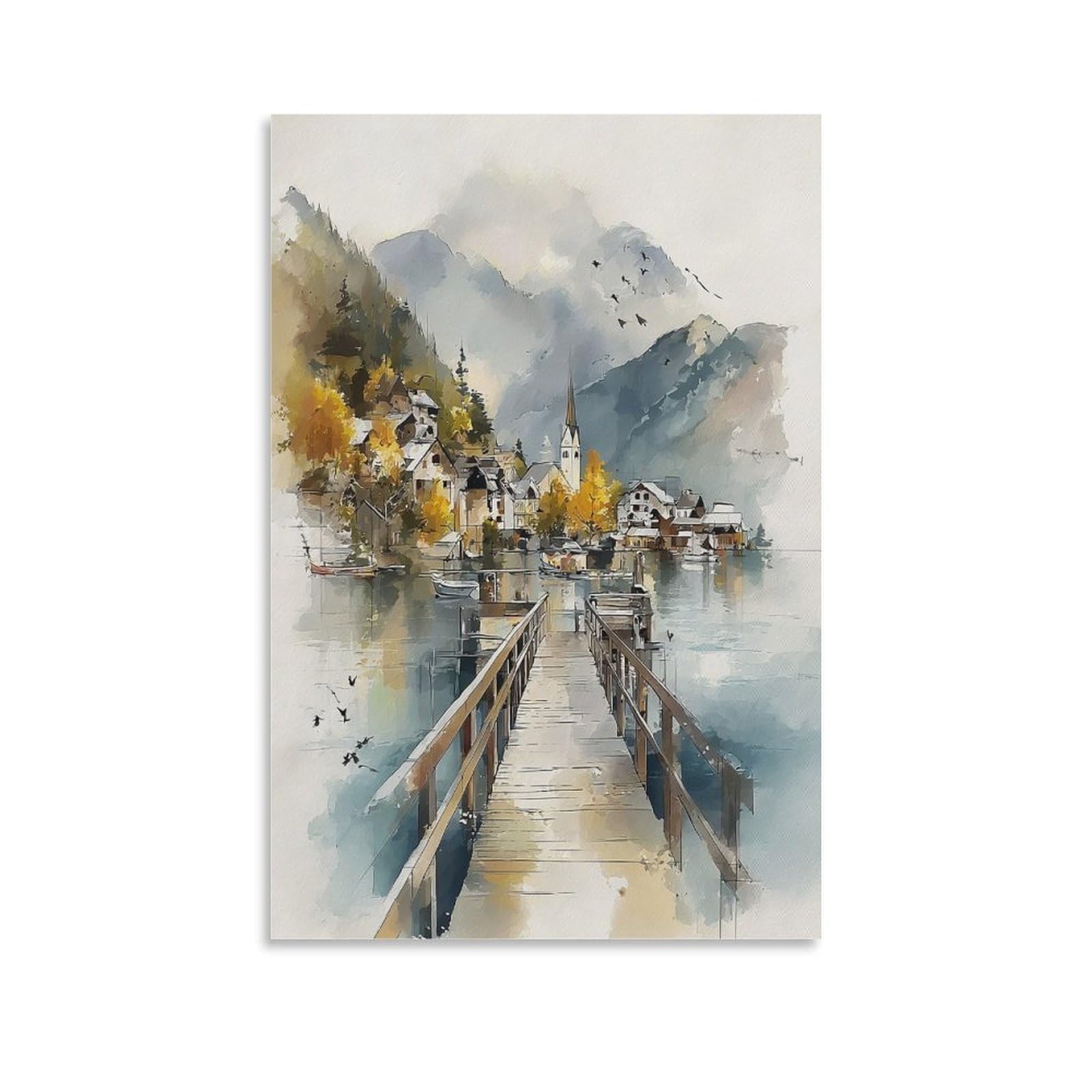 Cnaheiz Unframe-Style Skagway Alaska Watercolor Painting_ Coastal Town Art Print 20X30inch(50X75cm) Vintage Watercolor Canvas Art