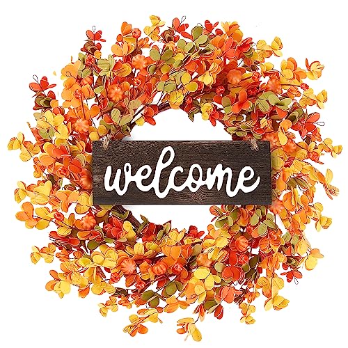 Sggvecsy Fall Wreath - 20'' Autumn Front Door Wreath with Small Pumpkin