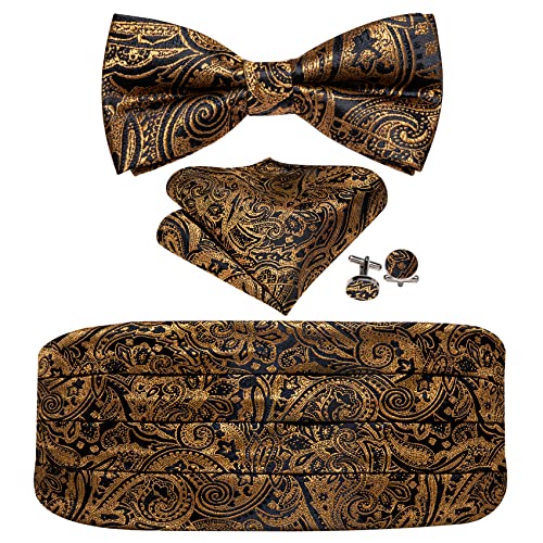 Image of YOHOWA Men Cummerbund Bow Tie Set Silk Paisley Formal Pre-Tied Bowtie Pocket Square Cufflinks Wedding Party Prom