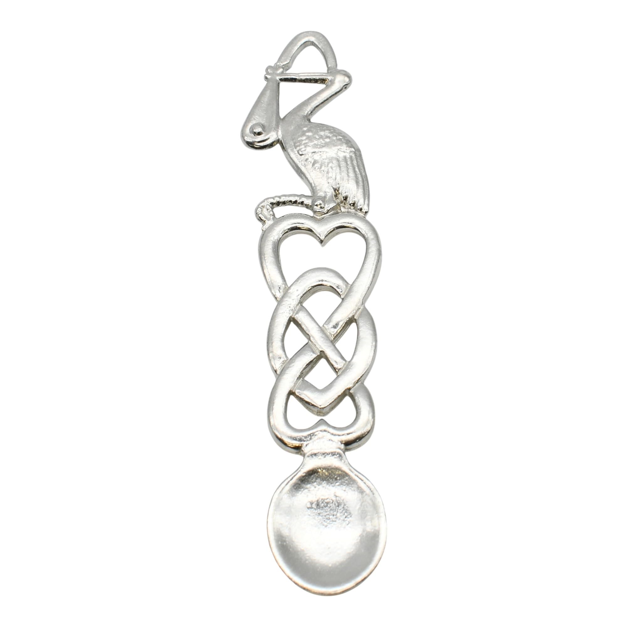 English Made Bright Pewter Entwined Hearts & Stork Lovespoon in a Gift Box