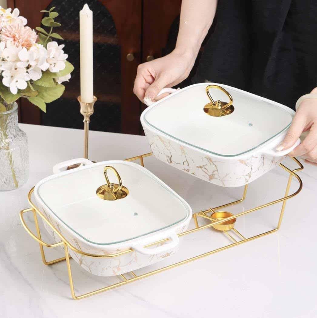 Ceramic Dry Pot Food Warmer Set, Chafing Dish Cookware Sets, Buffet Warmers Set with Lid, Gold Plating Serving Dishes,