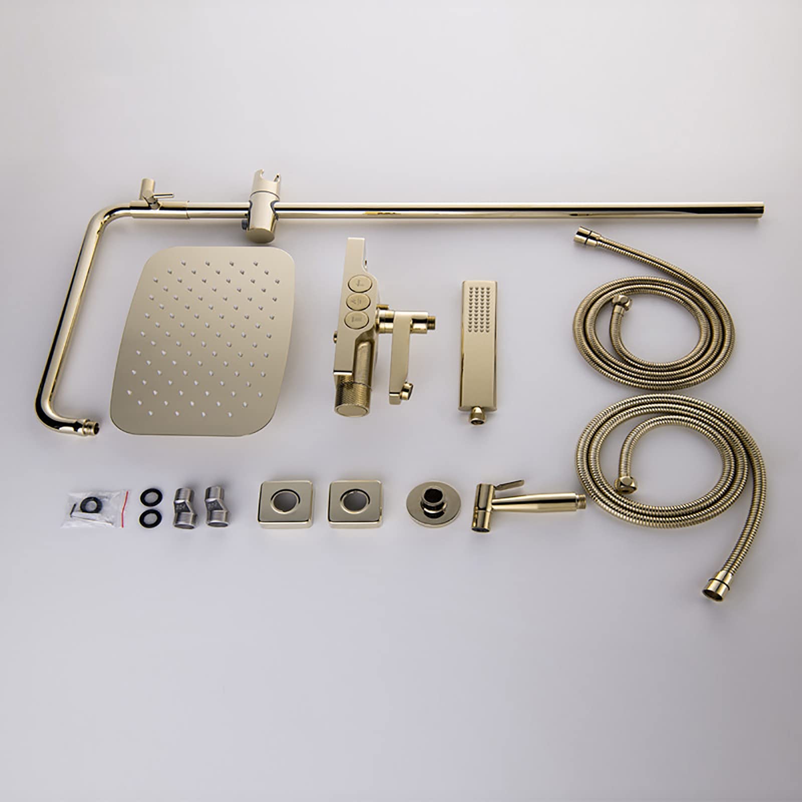 Zestaw prysznicowy Gold Button z baterią natryskową montowaną na ścianie, z głowicą prysznicową, prysznicem ręcznym, wylewką wannową i natryskiem bidetowym.,