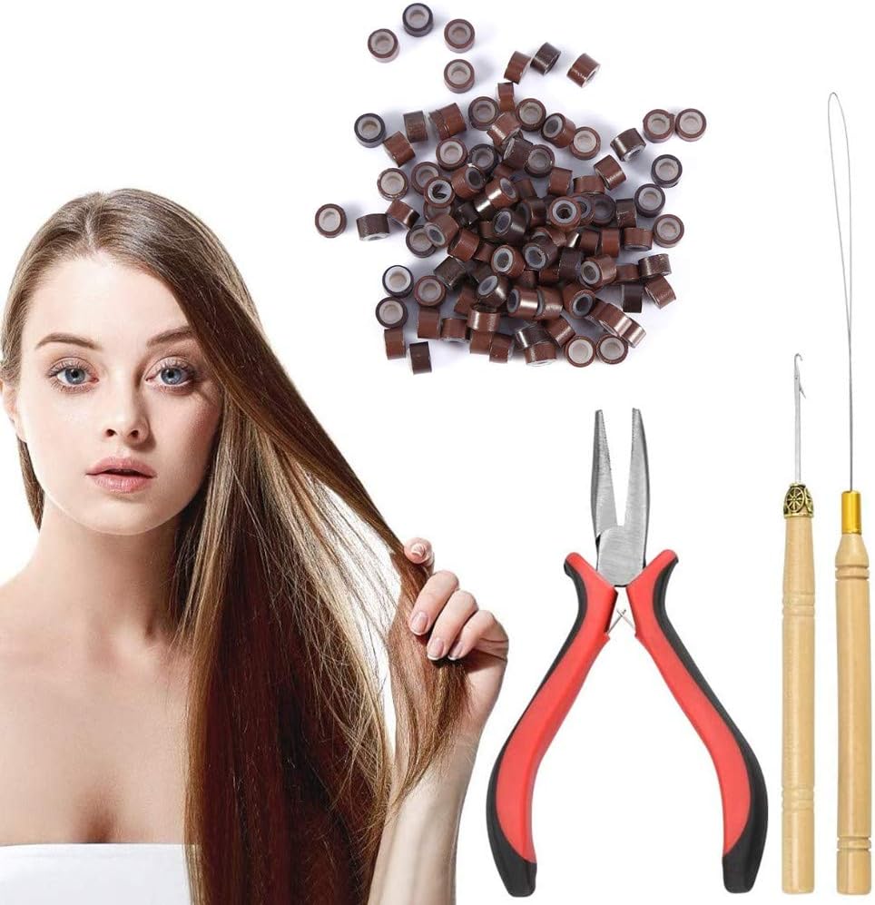 100PCS Silicone Beads Hair Extension Micro Rings + Hook Needle + Pulling Loop + Plier Tool Kit