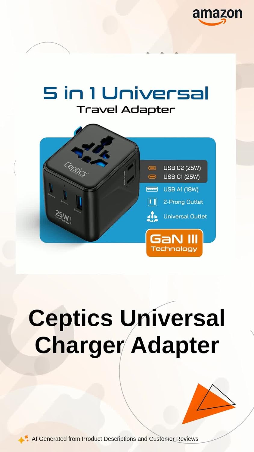 Ceptics 5 in 1 Universal Charger Adapter, Fast Charging with 2 USB-C 25W and 18W USB-A Port, All-in-One International Charger for EU, UK, USA, AUS