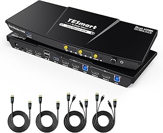 TESmart USB 3.0 HDMI KVM Switch 2 Monitors 2 Computers 4K@60Hz, Dual Monitor KVM Switch HDMI 2 Port Extended Display, Audio&Microphone, EDID Emulators, Hotkey Switch, Button Switch with Input Cables