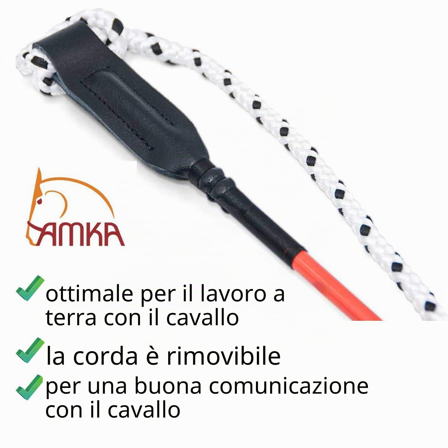 AMKA, Frusta con corda, da allenamento, 120 cm, frusta da equitazione, frusta da addestramento, frusta da lavoro, per giochi di Parelli