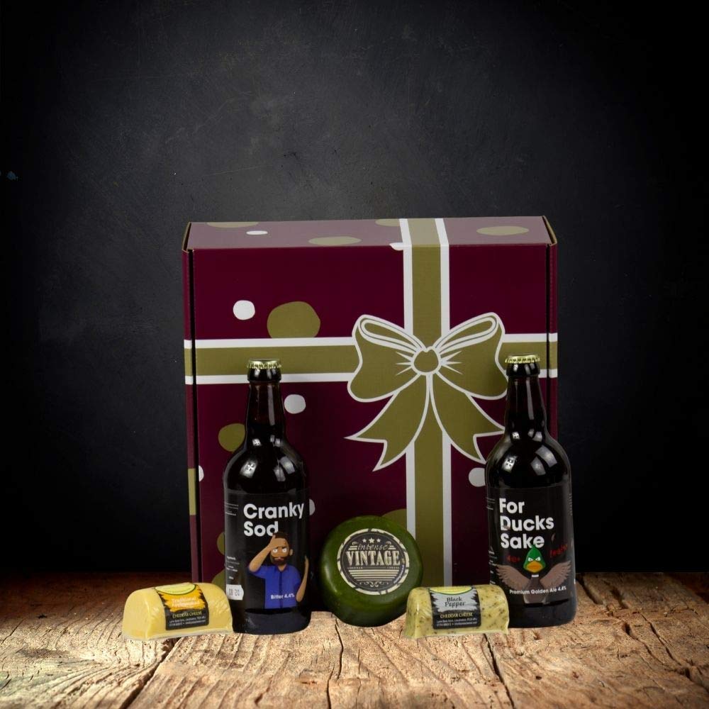 Comedy Craft Beer & Artisan Cheese Gift Hamper. Comedy Beer and Delicious Cheddar Cheese. The Ultimate Unusual Gift. Perfect Food Gifts for Men and Women. The Chuckling Cheese Company.