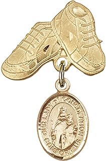 Gold Filled Baby Badge with Our Lady of Consolation Charm and Baby Boots Pin 1 X 5/8 inches