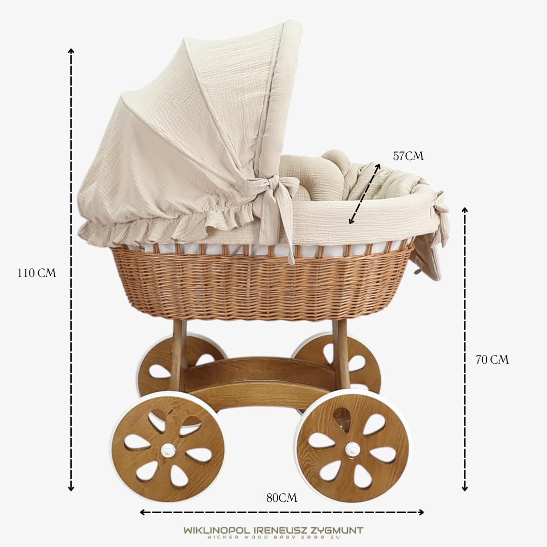 Wiklinopol Moisés de Mimbre para Bebé con Soporte de Madera y Ruedas Annabell – Cuna con Colchón y Ropa de Cama 5 Piezas Muselina Beige – Cochecito Natural para Recién Nacido