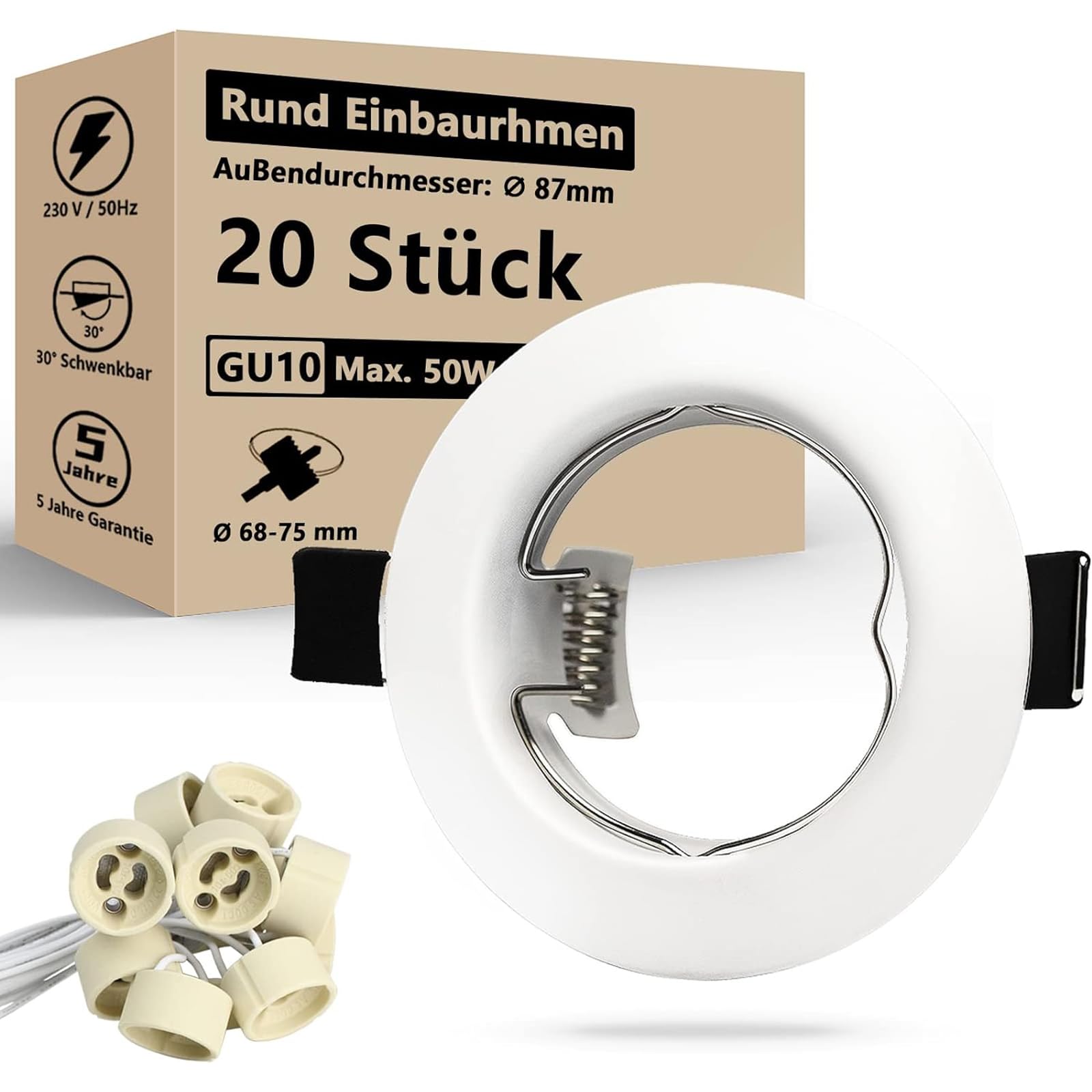 HiBay Focos empotrables GU10,20x Marco Focos gu10 Blanco,Corte 65-68mm,Para Lámparas De Led O Halógena,Marcos Downlight Empotrado Ojos de Buey con Portalamparas GU10