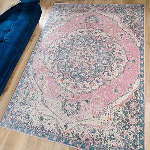 Traditional Medallion Blush Pink Floral Carpet Rug Oriental Bordered