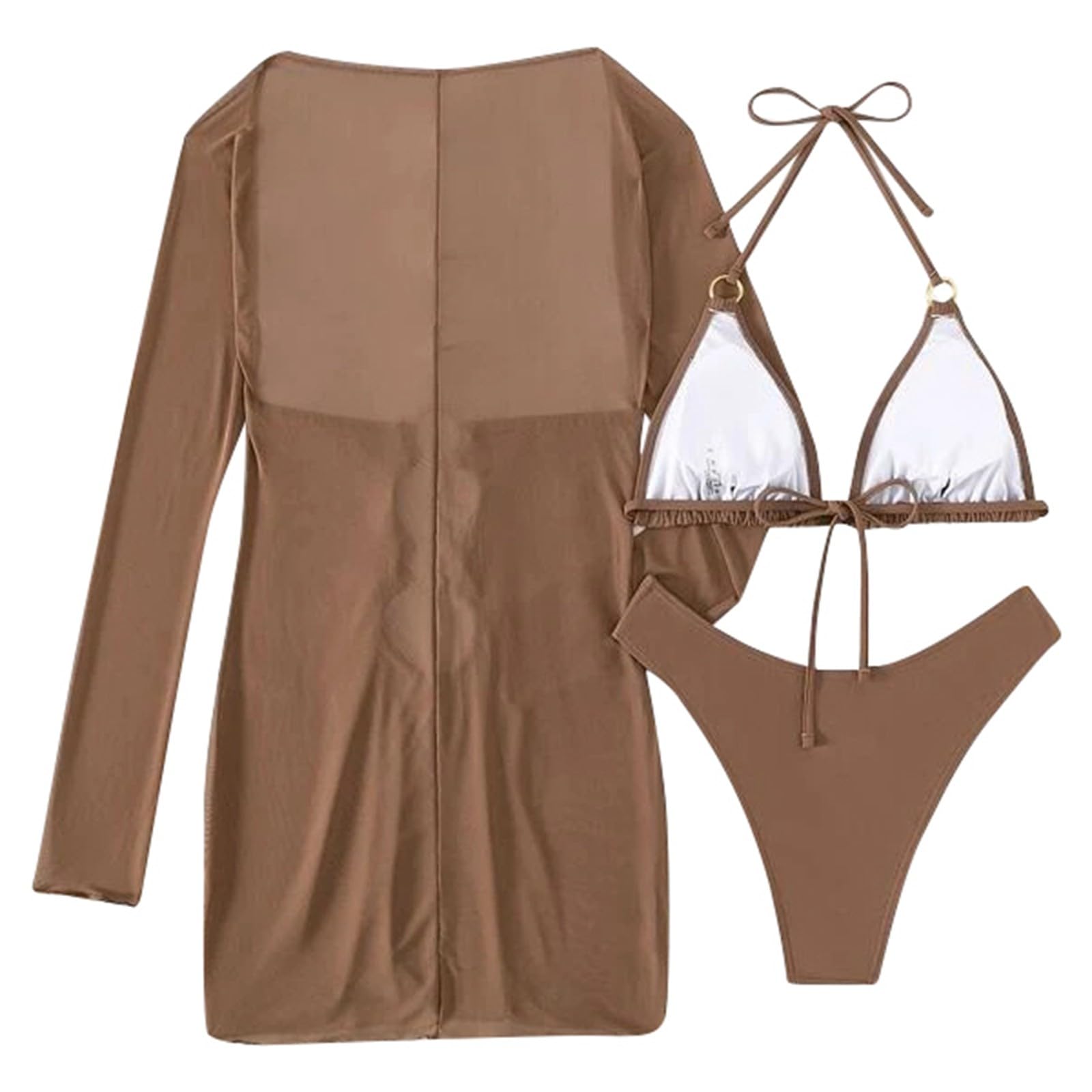 Generisch Costume da bagno da donna a 3 pezzi, sexy, alla moda, tinta unita, con divisa in rete, pantaloncini da spiaggia