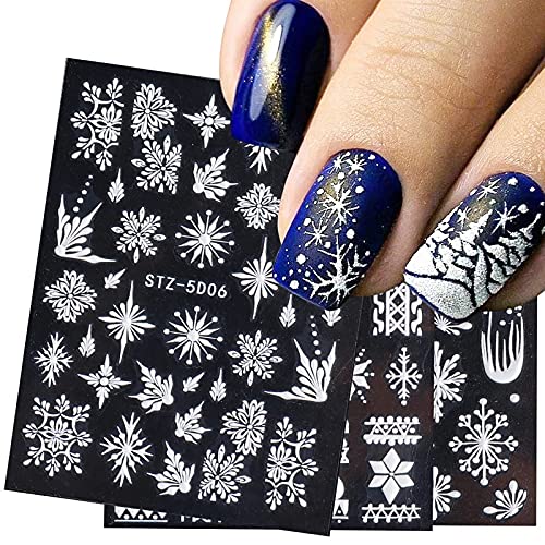 Noël 3D Autocollants à Ongles,Flocon De Neige Ongles Stickers pour Femmes Fille Enfants,Feuilles Noires et Blanches Nail Art Sticker Ongles Paillettes Autocollants à Ongles Cover
