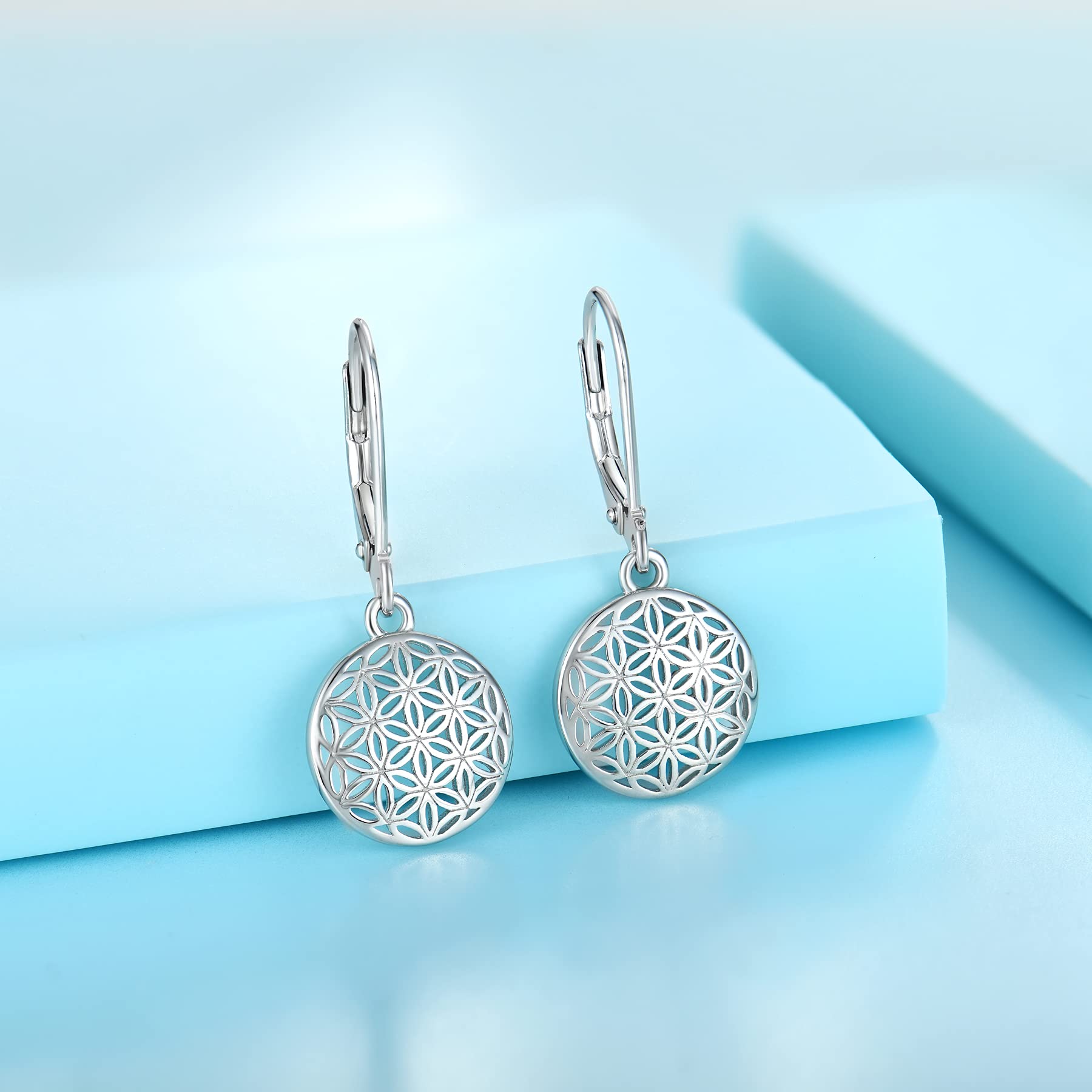 JO WISDOM Mujer Pendientes Flor de la vida Plata de ley 925 Joyería con baño de Oro Blanco