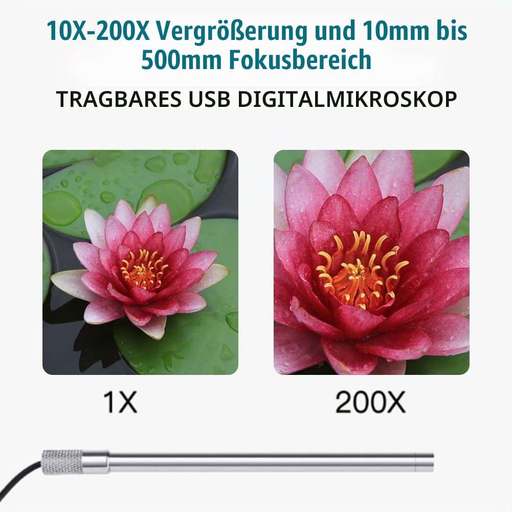 USB-Digitalmikroskop,Elektronisches Mikroskop mit 8 LED-Leuchten,Handmikroskop mit 2 Megapixeln,Kamera mit 200-facher Vergrößerung mit Metallständer,zur Erkundung der mikroskopischen Welt