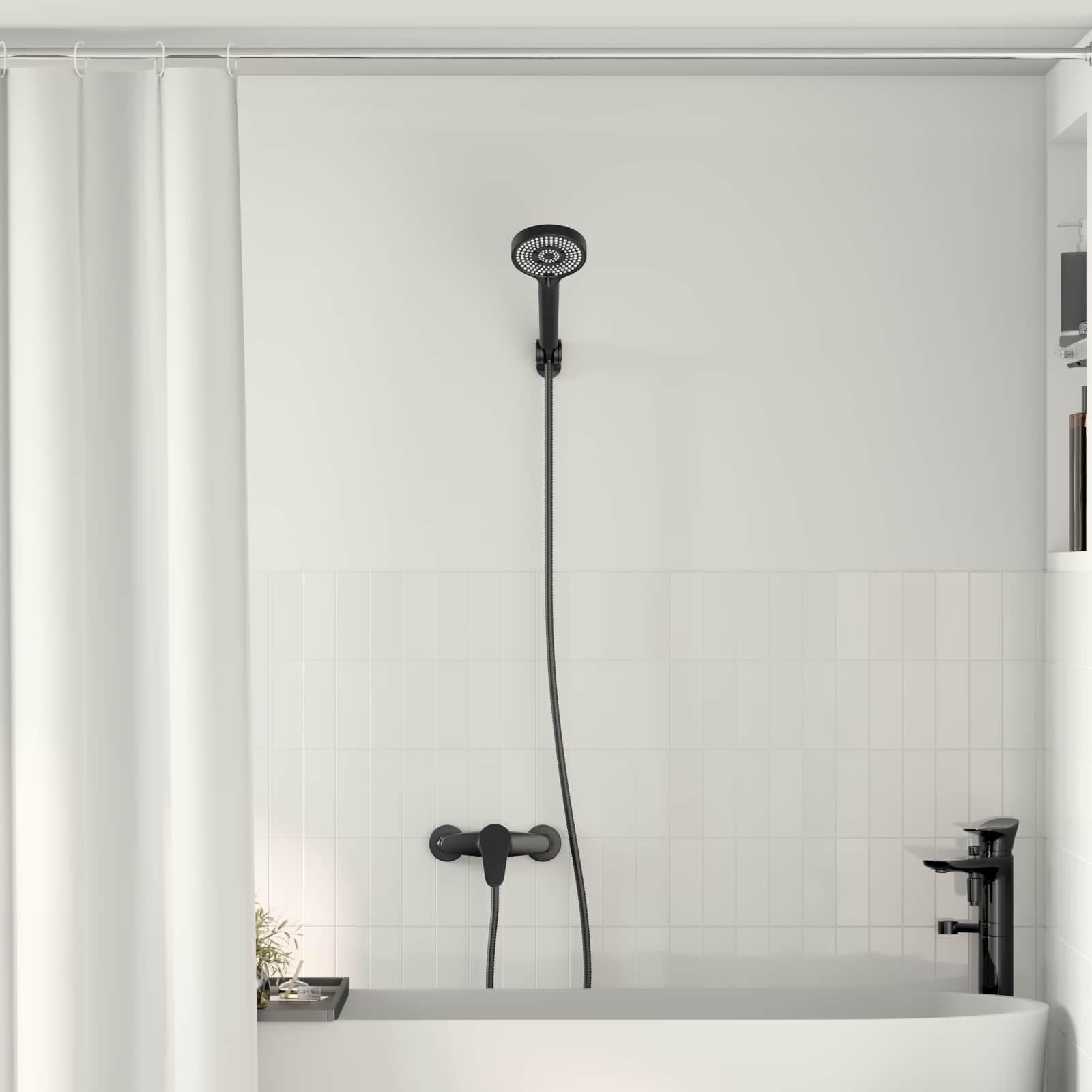 Juego de alcachofa de ducha negra G 1 2 pulgadas con alcachofa de mano, cabezal de ducha de latón y plástico, compacto, rectangular, ahorro de agua con 5 tipos de chorro, ideal para baño, spa
