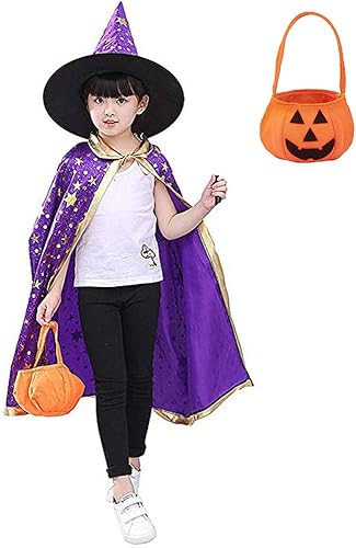 Miniatura 3 de Capa de bruja de mago con sombrero y bolsa de calabaza, accesorios de disfraz de Halloween para niños, fiesta de cosplay