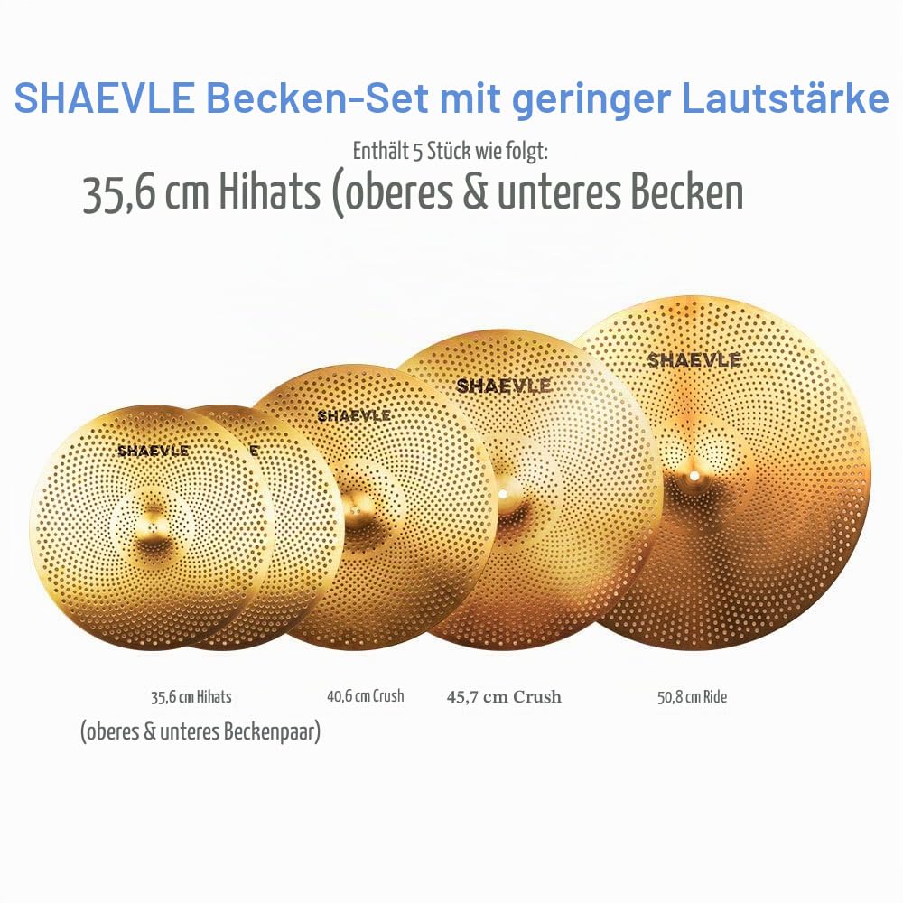 Cymbal Set mit geringer Lautstärke 14" HiHat+16" Crash+18" Crash+20" Ride Beckenset Golden 5 Stücke