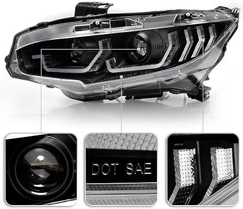 Miniatura 4 de ACANII - Para [actualización del modelo halógeno] 2016-2021 Honda Civic Black Sequential Turn Dual LED Proyector Faros