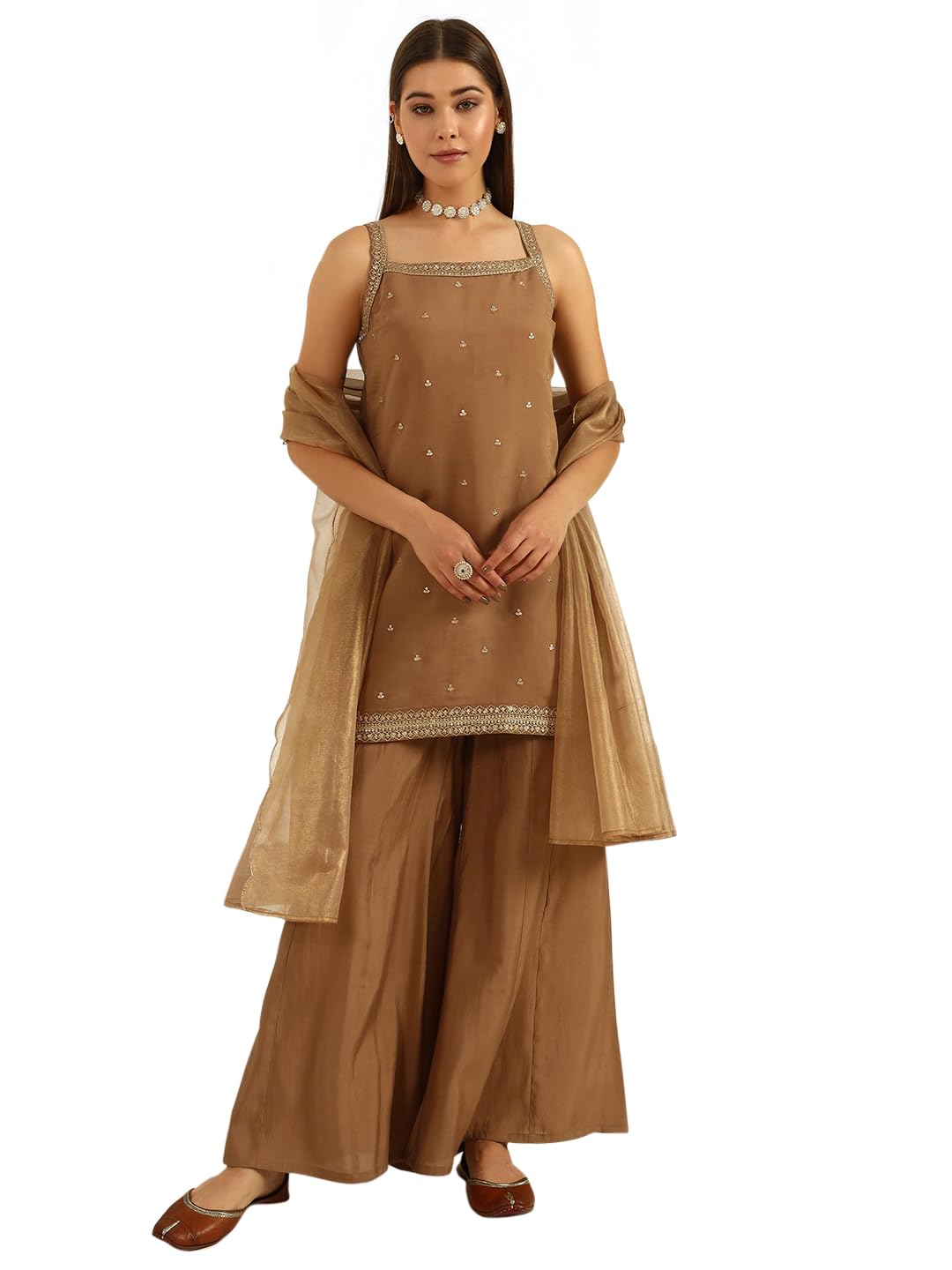 fiorra Women's Brown Viscose Chanderi Straight Kurta with Palazzo and Dupatta-picture-23