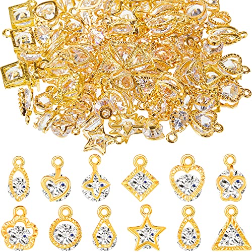 120 Pieces 12 Styles Cubic Zirconia Alloy Charms Heart Star Shaped Charms Crystal Charms Cubic Zirconia Drop Alloy Pendants Charm for Jewelry Making DIY Bracelet Necklace Earrings Charms, Golden