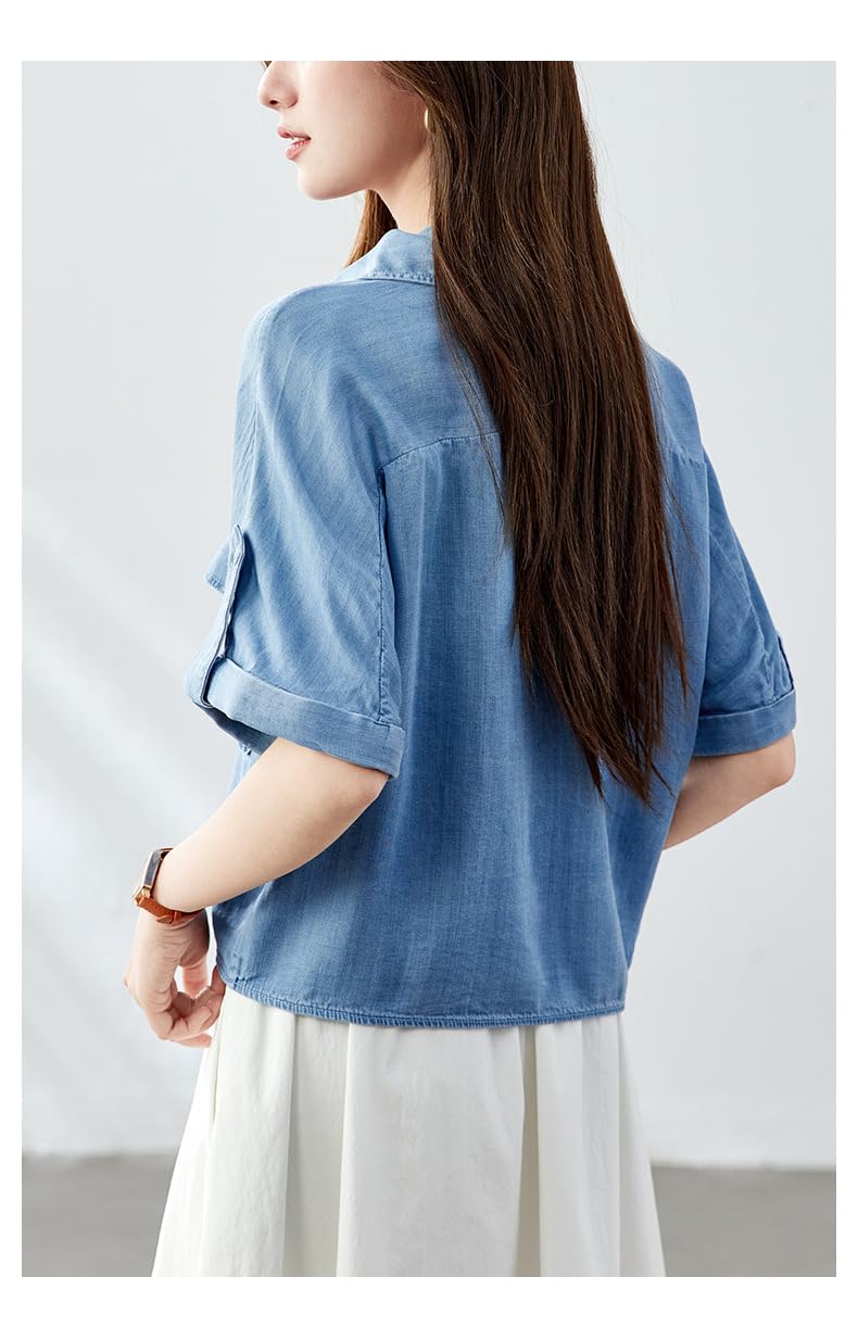 Chemise Oversize en Denim Doux Tencel pour Femme, Légère, À Manches Courtes Retroussables, Col À Revers, Fermeture Boutonnée, Ourlet Noué Et Poches, Idéale pour L'Été Le Travail A