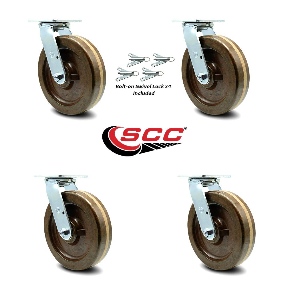 High Temperature Phenolic Swivel Top Plate Casters Set of 4 Heavy Duty with 8 Inch Wheels - Includes 4 Swivel with Bolt on Swivel Locks – 5,000 lbs. Total Capacity - Service Caster Brand