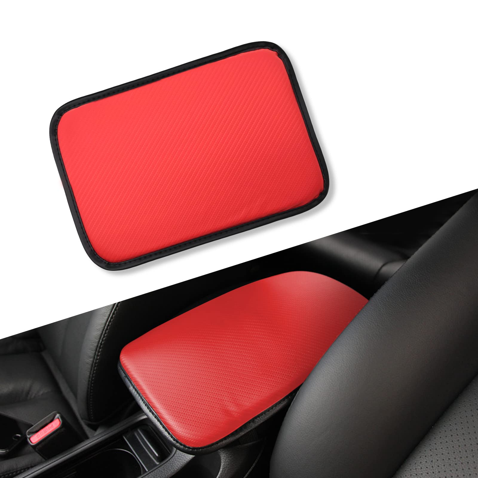 yonwait 1 PC Leather Center Console Cushion Pad, 11.4"x7.4" Waterproof Armrest Seat Box Cover Fit for Most Cars, Vehicles, SUVs, Comfort, Car Interior Protection Accessories (Carbon Fiber Red)