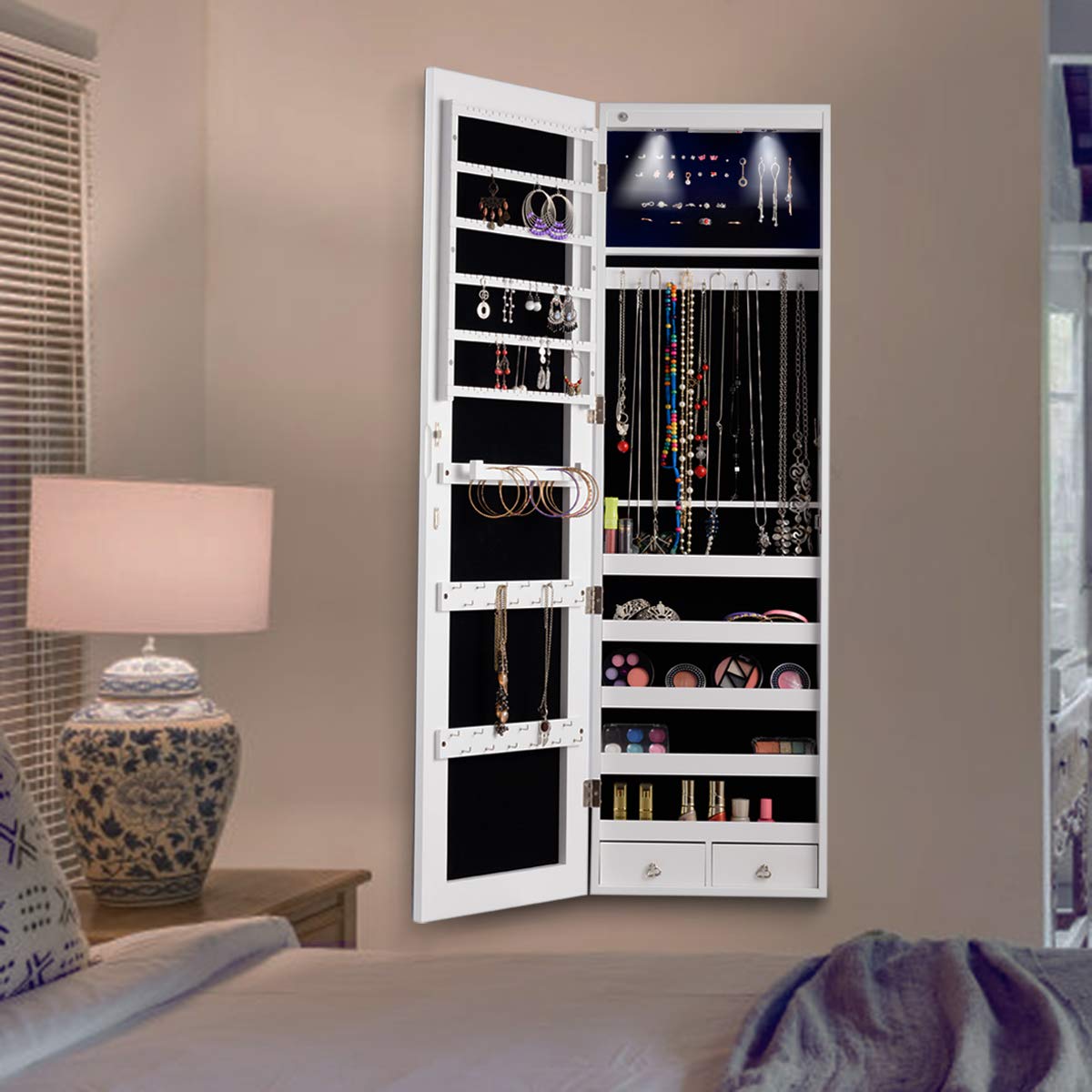 GOPLUS Schmuckschrank, Spiegelschrank, Schmuckregal hängend mit Spiegel, mit LED Beleuchtung, Farbewahl, für Ringe, Ohrringe, Halsketten, Armbänder (Weiß)