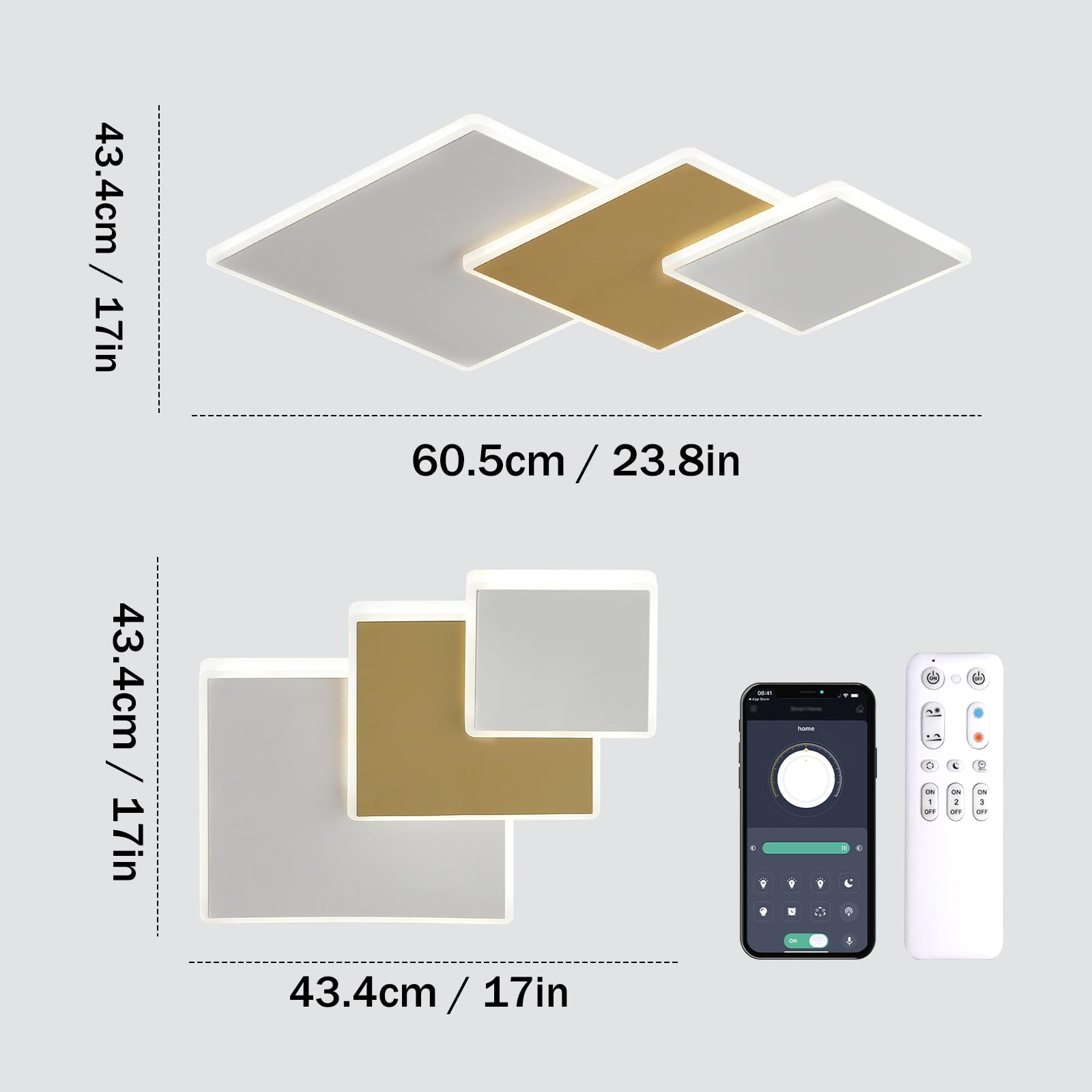 YZBEIMDAI Plafoniera LED Soffitto Moderna, Dimmerabile Lampada da Soffitto Moderna Quadrata con Telecomando＆APP, per Camera da letto Cucina Corridoio