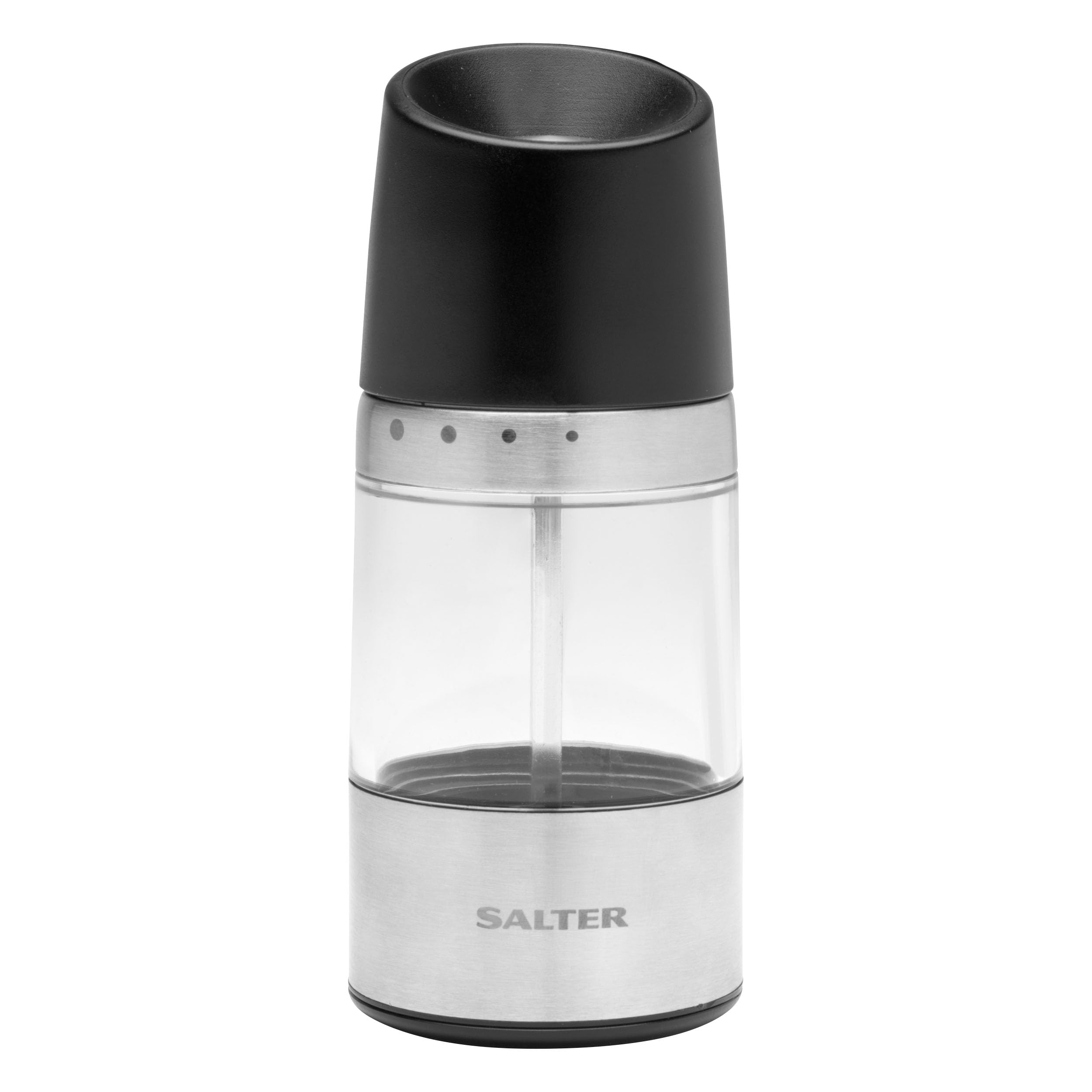 Salter BW12946EU7 Seasoning Grinder – Adjustable Grind from Fine to Coarse, Ceramic Mechanism, Clear Acrylic Body, Upside-Down Design, No Spill, Salt & Pepper Mills, Stainless Steel, Black