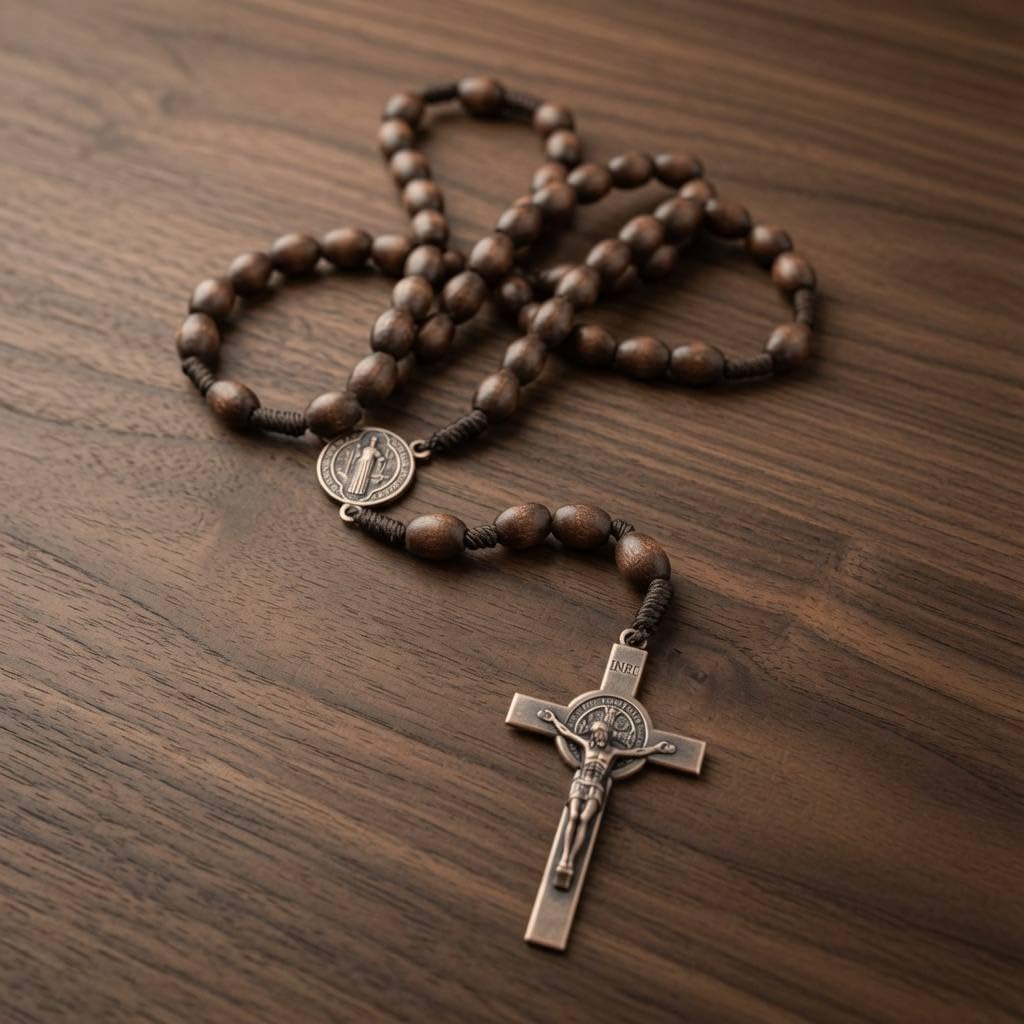 Święty Benedykt naszyjnik różaniec z litego drewna ciemne drewniane koraliki katolicki modlitwa święty medal z brązowym metalowym krzyżem
