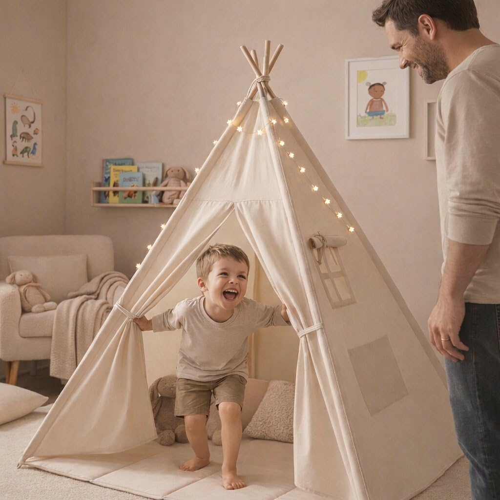 Tipi Enfant 120x120x160cm – Tipi Intérieur Coton Naturel EN71 – Cabane Enfant Chambre Garçon Fille – Tapis de Sol et Guirlande – Cadeau Anniversaire 2-10 Ans