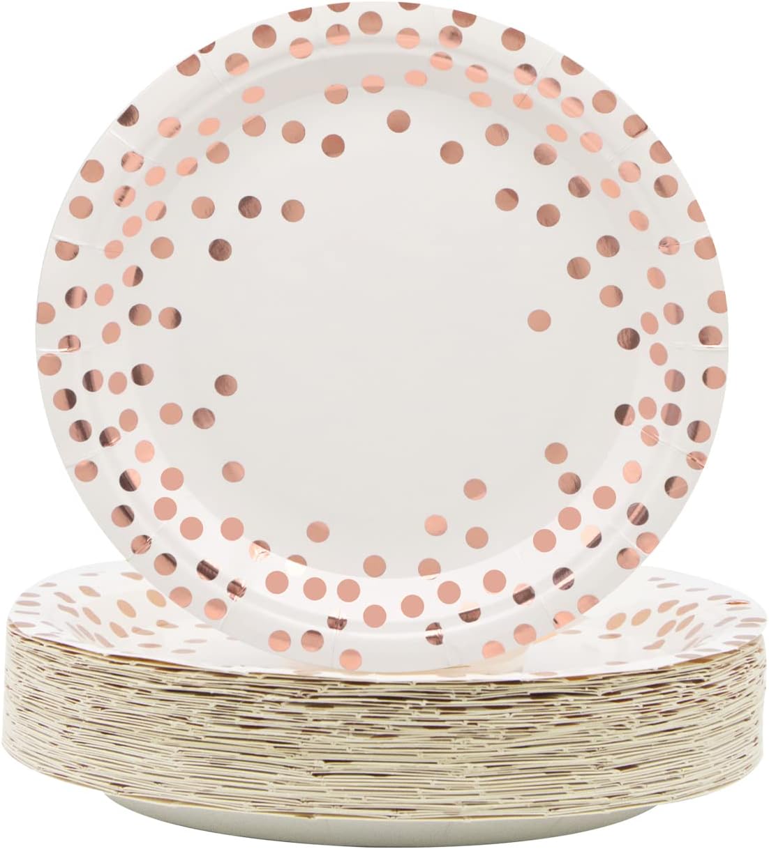 Birthdayparties 7" White and Gold Dots Paper Plates Dinner Plates,Gold Foil Polka Dots Paper Plates Party Supplies Plates for All Occasions 100 Pack (7" White and Rose Gold-1, 7" 100pcs)