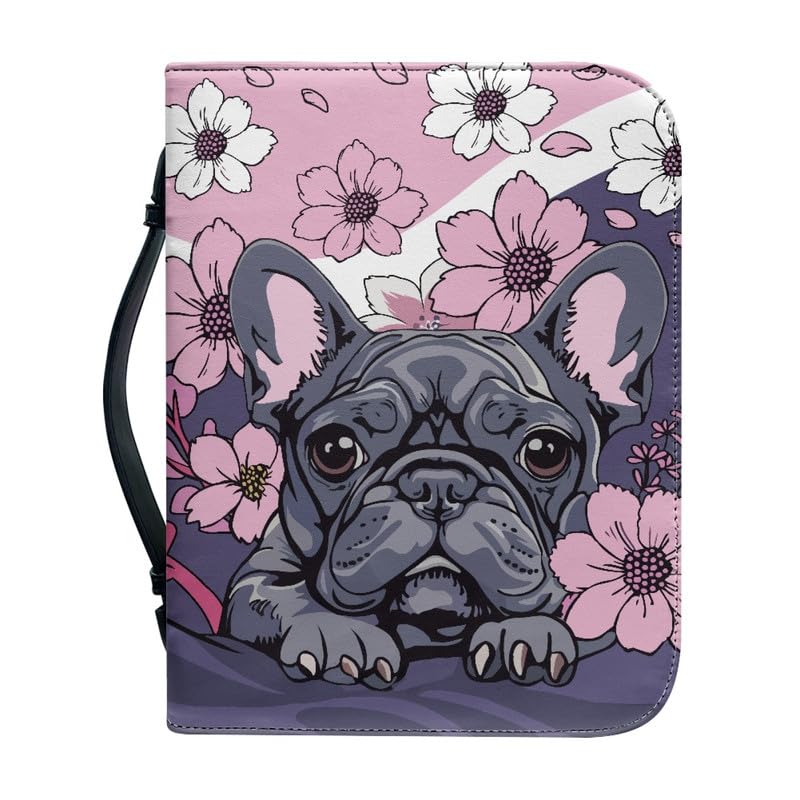 Kuiaobaty French Bulldog Flowers Book Bag for Novel,Notebook Bible, Cute Puppy Floral Book Case with Handle Faux Leather Bible Bag