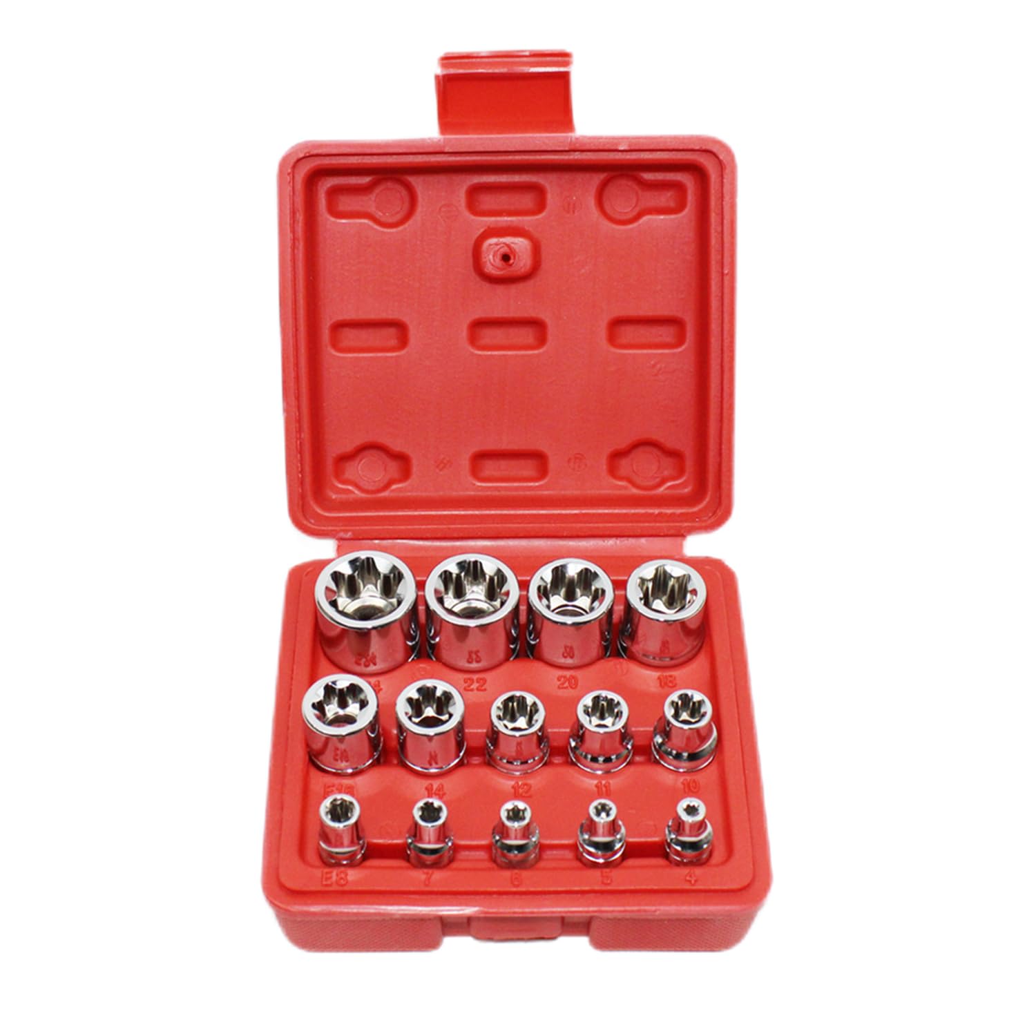 14Pcs E-Torx Star Socket Set with Case, 1/4, 3/8, 1/2 in. Drive Female External Star Socket Set E4-E24 Torque Socket Set