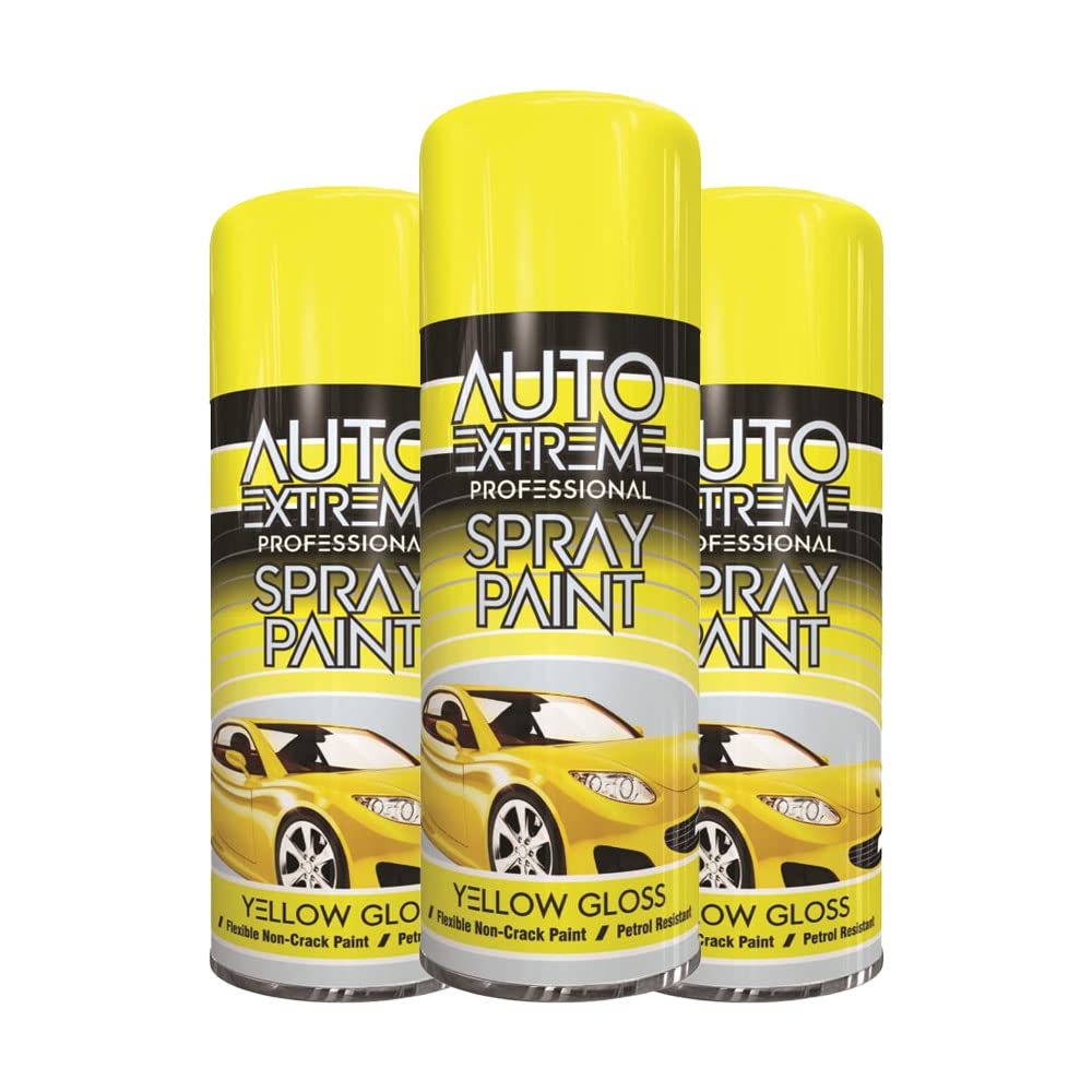 Classic Signature - 3 x Auto Extreme Yellow Gloss Spray Paint 400ml Professional Quality, Perfect Finish for Cars, Bikes,Vans, Metal, Wood