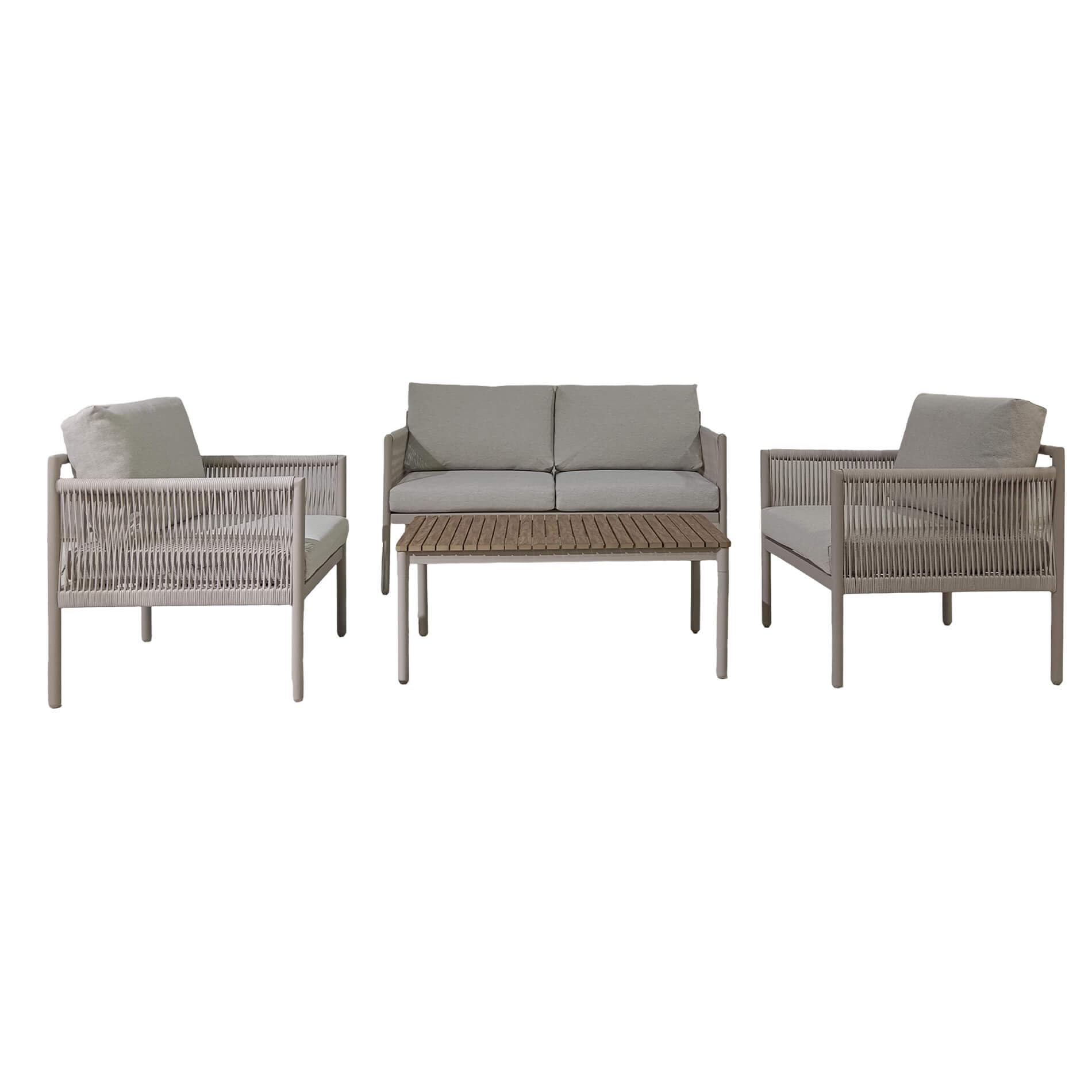 Rebecca Mobili Set Mobili da Esterno, Salotto da Giardino, 3 Divani 1 Tavolo, Grigio Chiaro Marrone, Alluminio PE, con Cuscini, Modulare - con 4 Posti - Art. RE7169