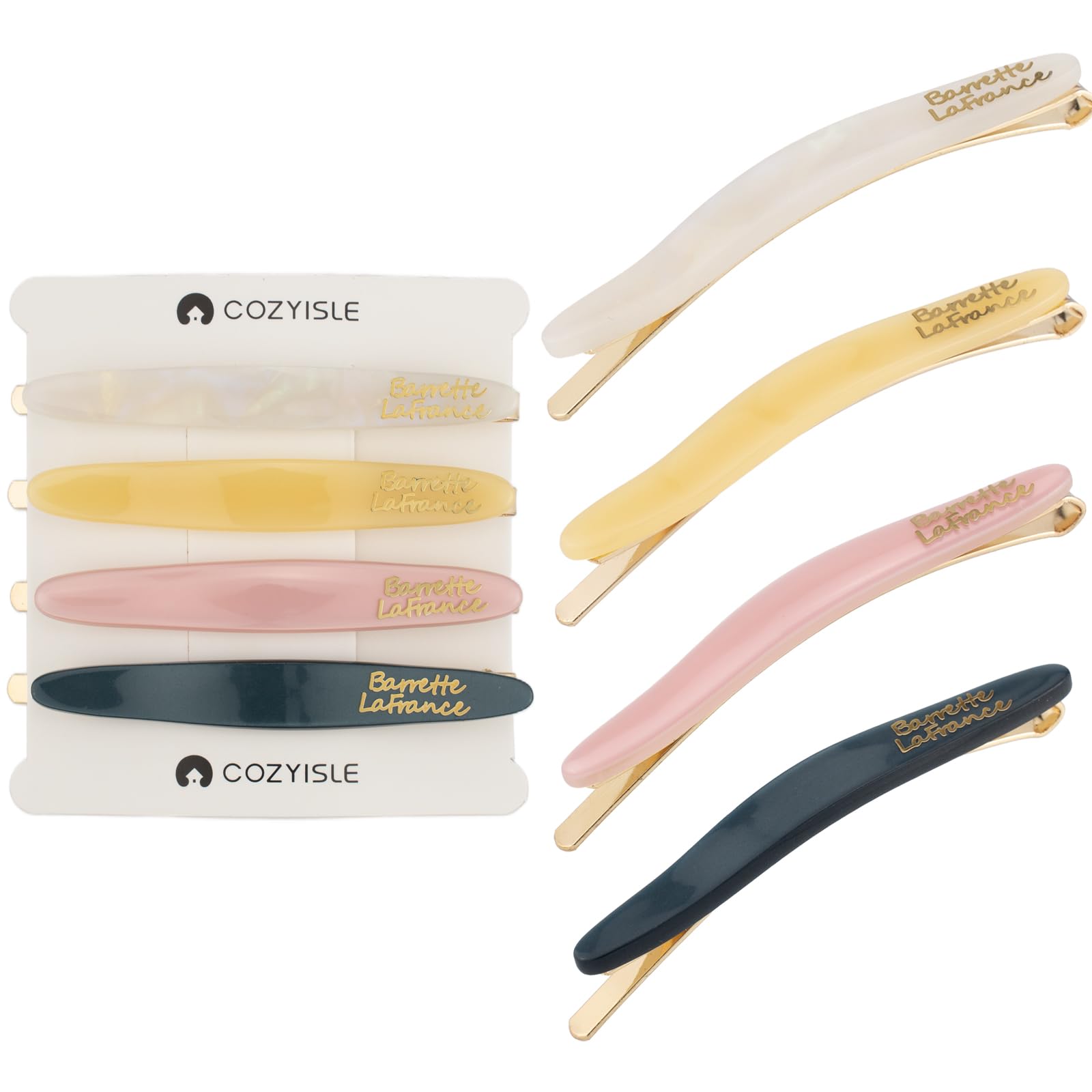 COZYISLE 4-Pack 2.6" Acetate Hair Barrettes for Women - French Inspired Wave Design Solid Color Hair Clips, Flat Side Bangs Clips Hair-Friendly (