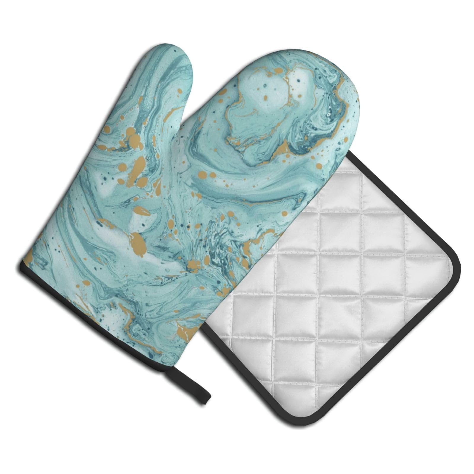Oven Mitts and Pot Holders Set of 2 Pcs, Azurite Teal and Foil Gold Oil Marble Pattern Printed Heat Resistant Kitchen Gloves Potholders for Cooking Baking Grilling