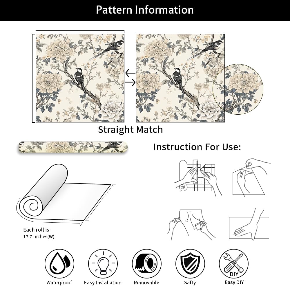 18"x236" Vintage Boho Grey Beige Flower Peel and Stick Self Adhesive Wallpaper Removable Contact Paper Stick on Easy Peel Off Wall Paper for Kitchen Bedroom Bathroom Renter