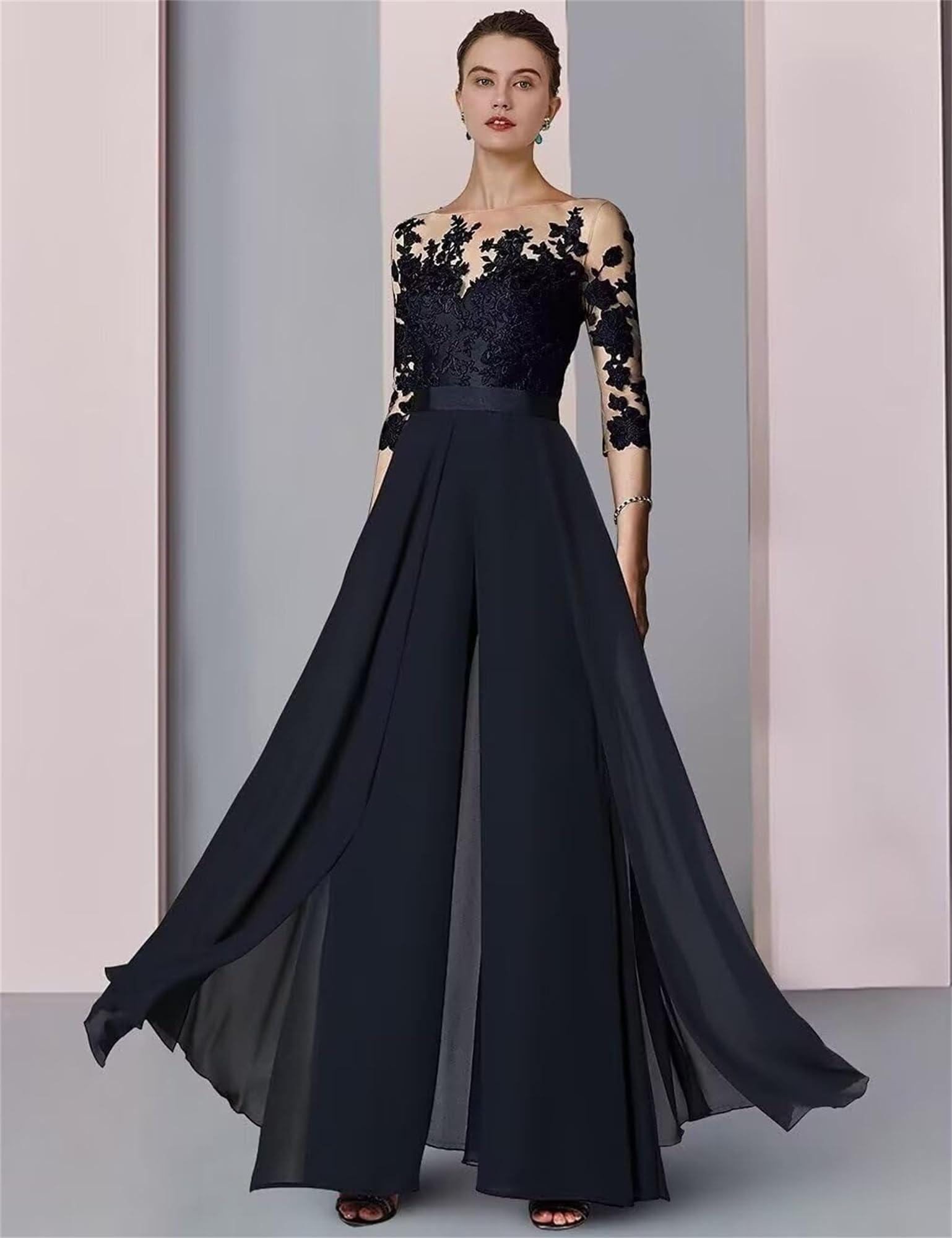 2 Stück Chiffon Hosenanzug Damen Festlich Elegant - Spitze Hochzeit Jumpsuits 3/4 Ärmel Mutter der Braut Hosenanzüge